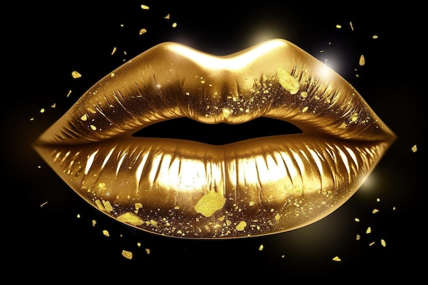 Goldene Lippen einer Nahaufnahme der Frau Goldener gelber Lippenstift