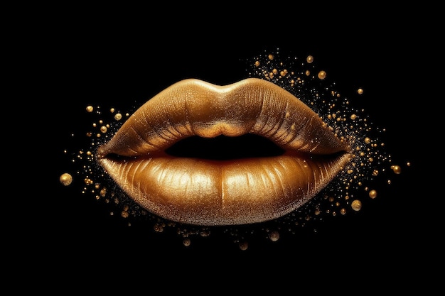 Goldene Lippen mit goldenem Spritzer auf schwarzem Hintergrund. Generative KI