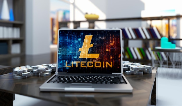 Goldene Litecoin-Münze in einem Laptop auf Büroraumhintergrund