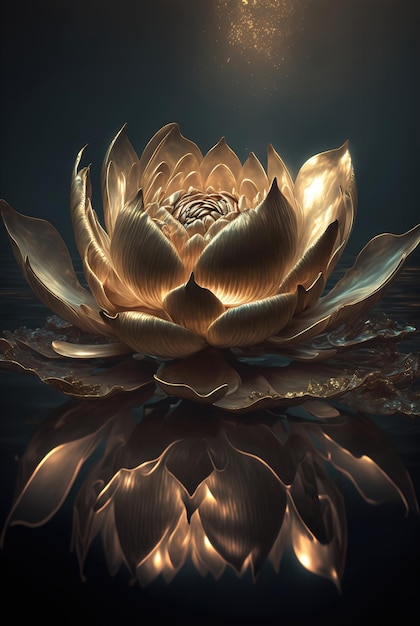 Goldene Lotusrose blüht nachts im Wasser im Sumpf Fantasie magische Blume gelbes Licht von innen die Reflexion des Lotus im Wasser 3D-Darstellung