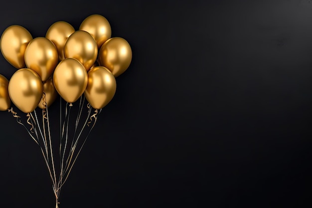 Goldene Luftballons auf einem schwarzen Wandhintergrund, glamouröse Partydekoration