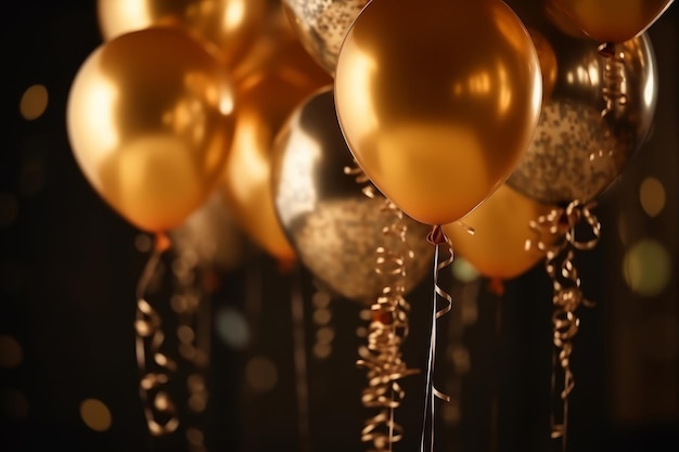 Goldene Luftballons für Partydekorationen, Bokeh-Hintergrund, generative KI