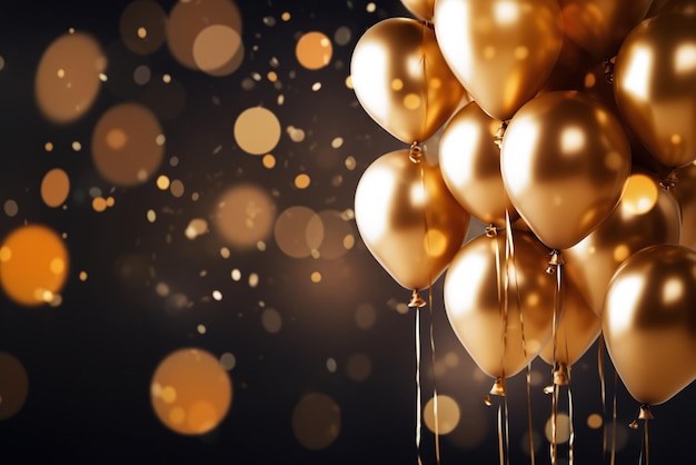 Goldene Luftballons mit Bokeh auf schwarzem Hintergrund