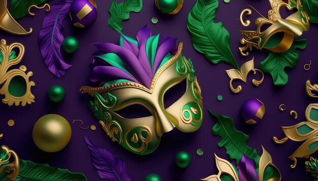 Goldene Maske mit violetten Federn und Karnevalsdeko Schön mit Design für Brasilien Karneval Fröhlicher Karneval Brasilien Südamerika Karneval AI