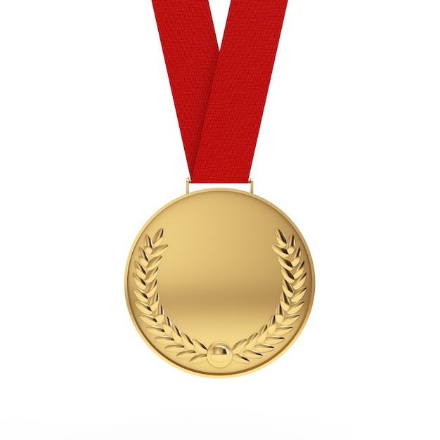 Goldene Medaille mit Lorbeerkranz auf weißem Hintergrund. 3D-Rendering