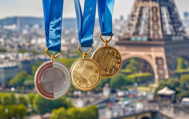 Goldene Medaillen, die sich im Sonnenlicht erfrischen und mit blauen Bändern geschmückt sind, vor dem Hintergrund des Eiffelturms und der Skyline von Paris
