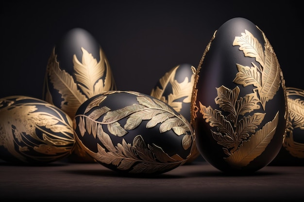Goldene metallische und schwarz bemalte Eier mit goldenen Federn auf linkem schwarzem Hintergrund