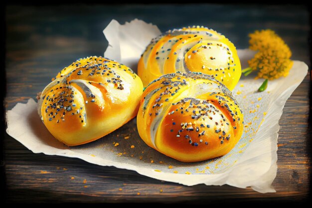 Goldene Mohnbrötchen mit Zucker auf Glasur