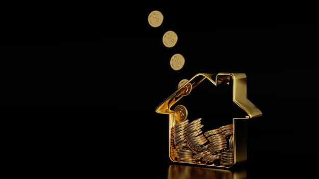 Goldene Münze, die in das Sparschwein der Hausform fällt, spart Geld für den Kauf des Hauses 3D-Rendering