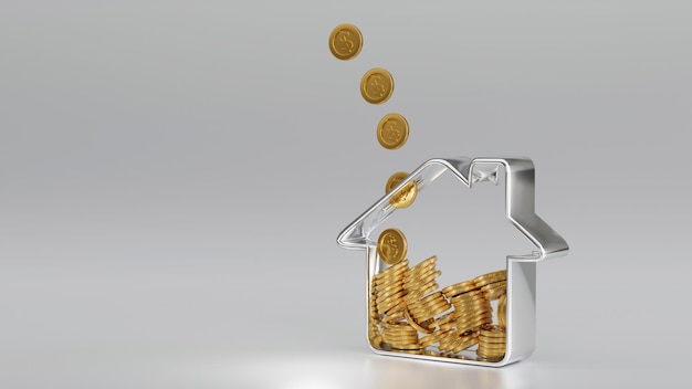 Goldene Münze, die in das Sparschwein der Hausform fällt, spart Geld für den Kauf eines Hauses als Finanzinvestition gehaltenes Immobilienkonzept 3D-Rendering