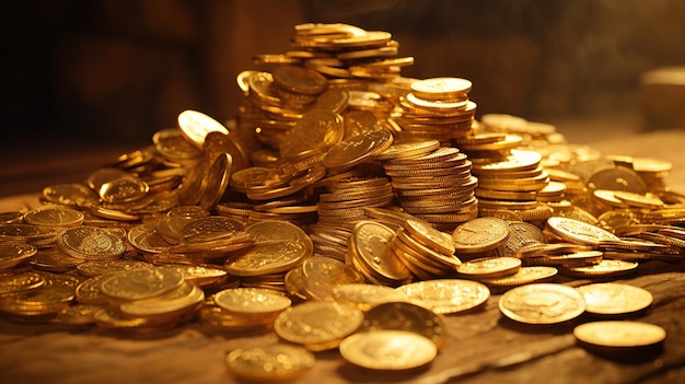 goldene Münzen auf einem Tisch mit Goldmünzen darauf