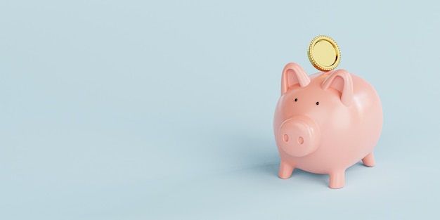 Goldene Münzen, die auf rosafarbenes Sparschwein gesetzt werden Geldeinsparung für Investitionen und Finanzplanungskonzept durch 3D-Rendering