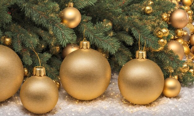 Goldene Neujahrs-Weihnachtsbaumdekorationen in Nahaufnahme Goldene Weihnachtsspielzeuge auf Weihnachtenbaumzweigen