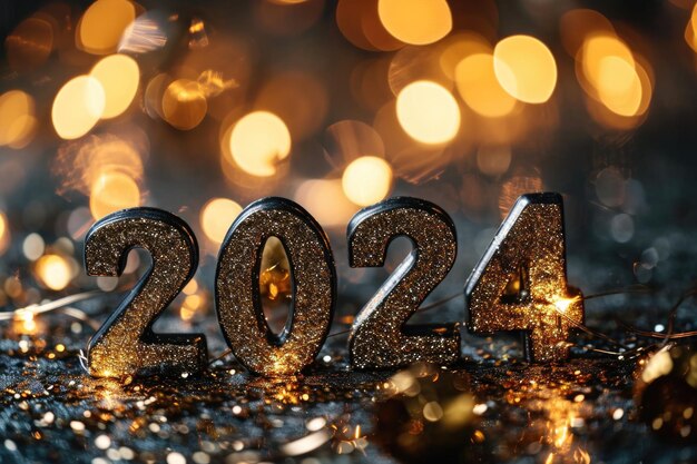 Goldene Neujahrszahlen 2024 in einer glitzernden Feierszene