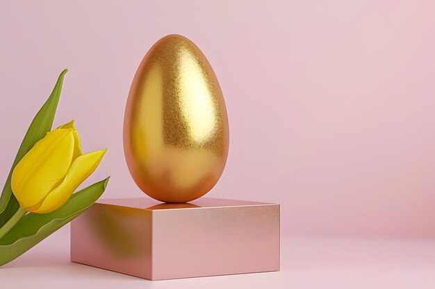 Goldene Ostereier auf rosa Stand mit gelber Blume Generative KI