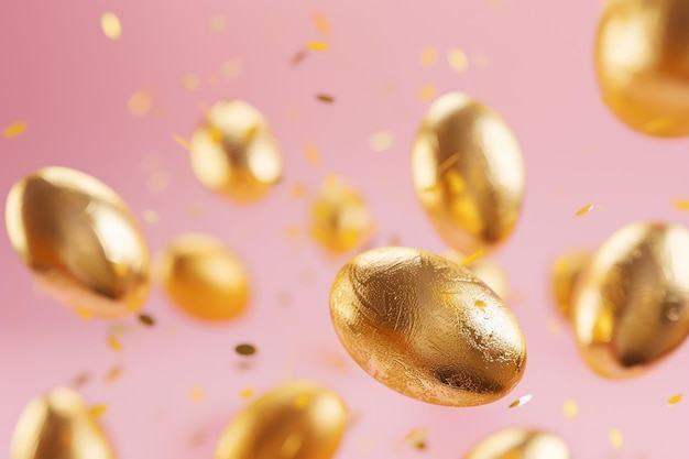 Goldene Ostereier fliegen auf einem rosa Hintergrund mit goldenen Konfetti