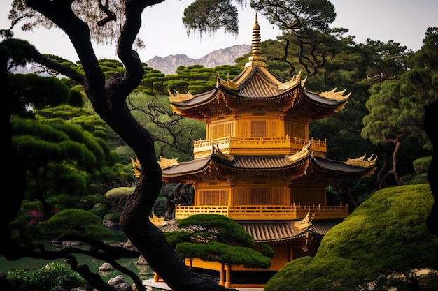 Goldene Pagode im Nan Lian Garden in Hongkong vor einer atemberaubenden Kulisse