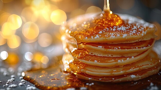 Foto goldene pfannkuchen, die in die luft geworfen werden und mit einem niesen von ahornsirup in der luft hängen