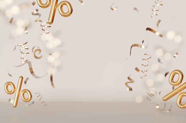 Foto goldene prozentzeichen und lockige bänder, die auf beige hintergrund schwimmen und eine festliche und feierliche stimmung erzeugen werbeaktionen rabatte sonderangebote in der marketingwerbung kopierraum 3d-rendering