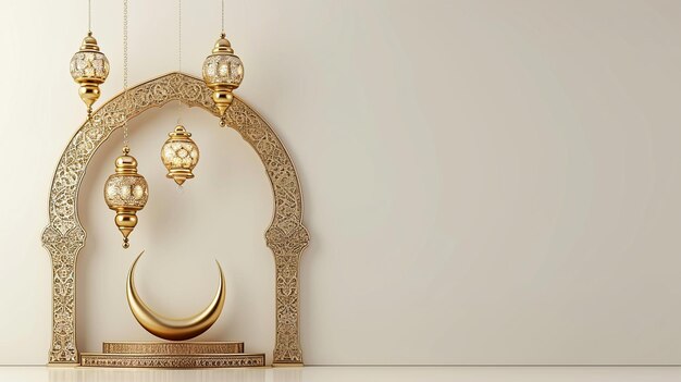 goldene Ramadan-Dekorationen, darunter hängende Laternen und eine Mondsichel