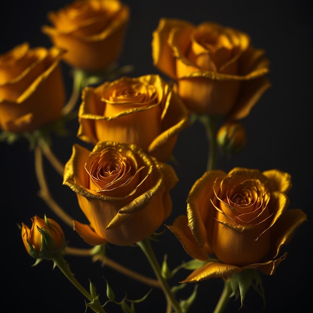 goldene Rosenblüten in naher Nähe, 100mm-Aufnahme mit Bokeh-Hintergrund