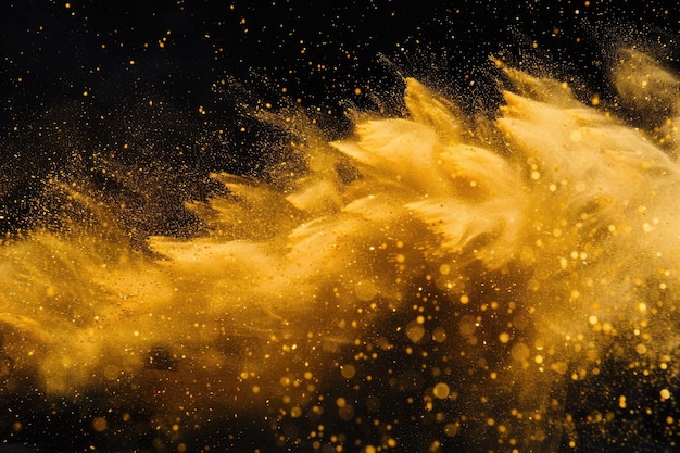 Goldene Sandexplosion auf schwarzem Hintergrund mit gelber Sandwelle