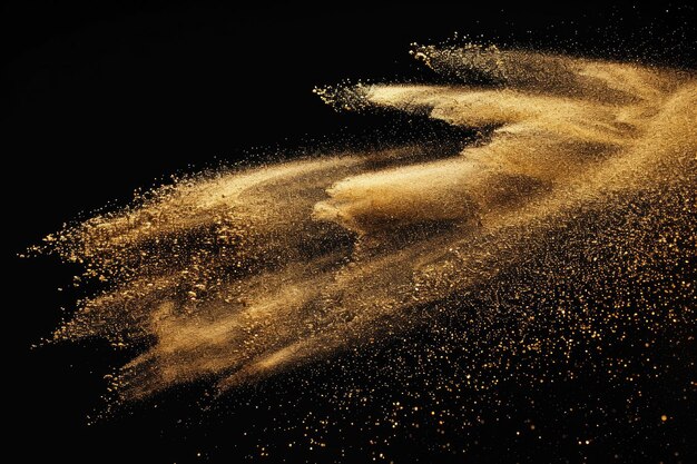 Foto goldene sandexplosion auf schwarzem hintergrund mit gelber sandwelle