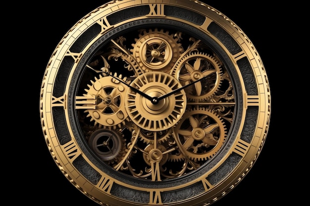Goldene schwarze alte Uhr, Nahaufnahme von vorne auf dunklem Hintergrund, generative KI