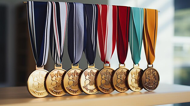 Foto goldene silber- und bronzemedaillen hängen an bändern an der wand