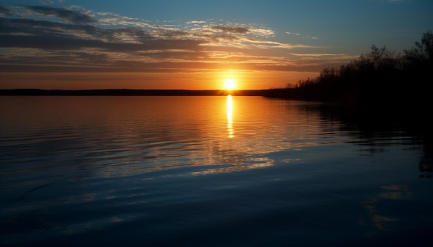 Goldene Sonne geht über der ruhigen Wasseroberfläche unter. Generative KI