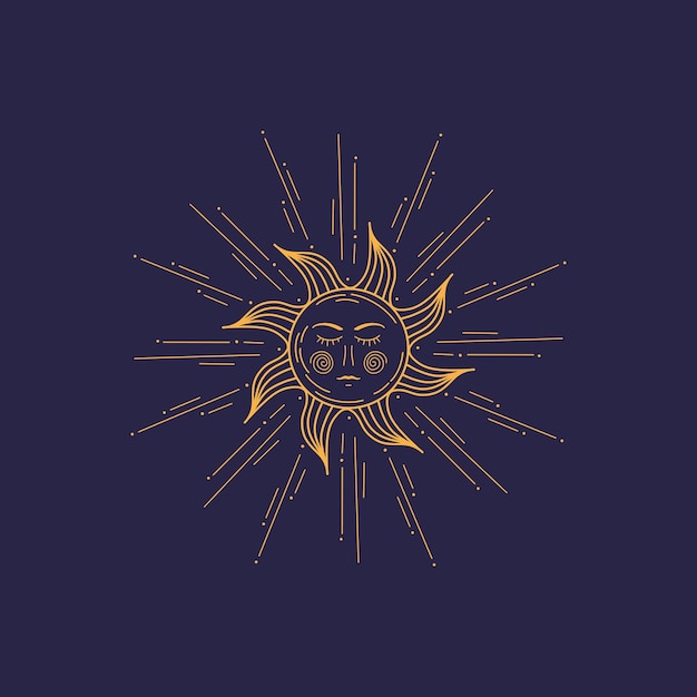 Goldene Sonne mit Strahlen und anthropomorphem Gesicht_ Illustration im Barockstil auf dunkelblauem Hintergrund