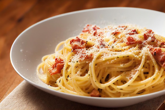 Goldene Spaghetti Carbonara mit geriebenem Käse und Speckscheiben