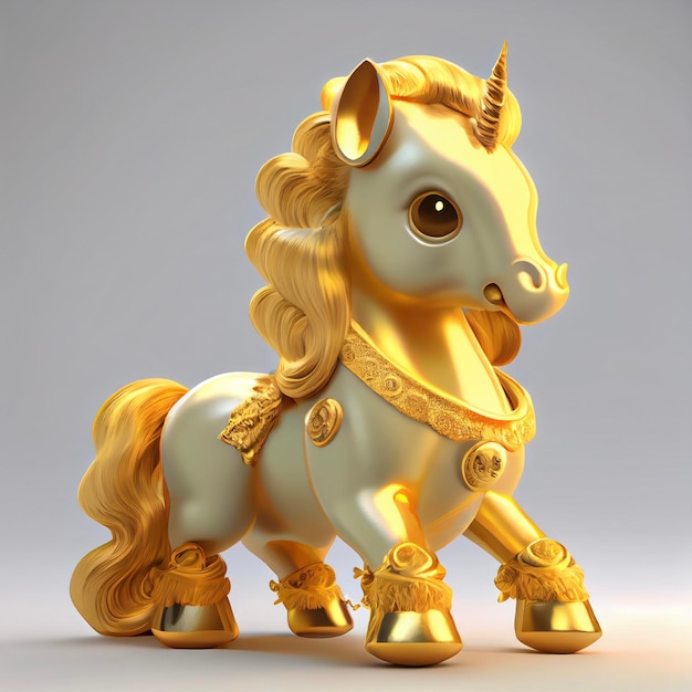 Goldene Statue eines Pferdes auf einer weißen Oberfläche, generative KI