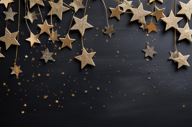 Goldene Sterne in einem diagonalen Muster auf schwarzem Hintergrund Ein festliches und elegantes Designelement für Feiern