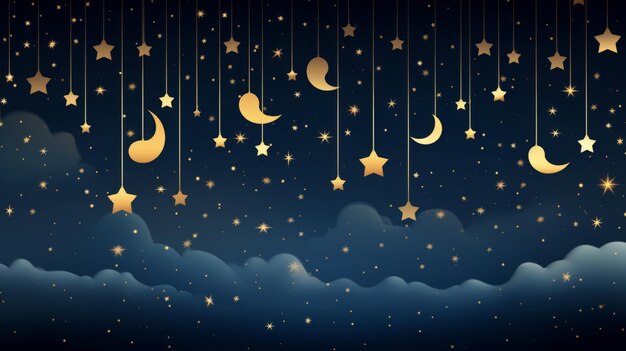 goldene Sterne und Mond am Nachthimmel