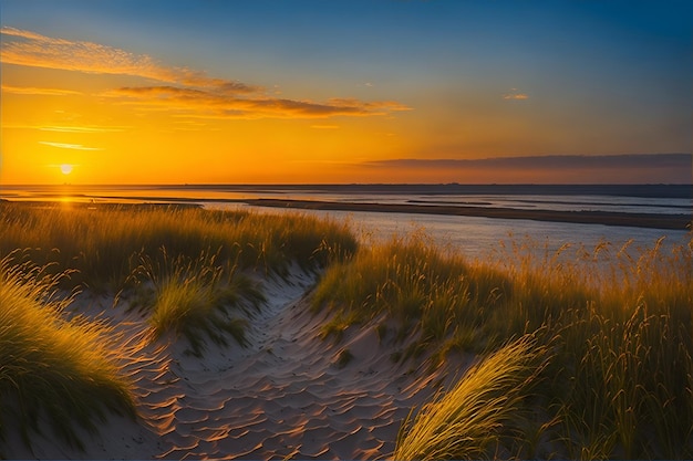 Foto goldene stunde, atemberaubende sonnenuntergangslandschaft an der nordseeküste