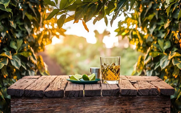 Goldene Tequila mit Salz und Limette auf einem alten Holztisch