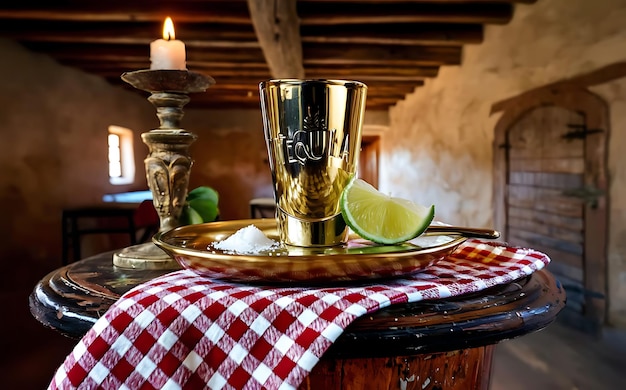 Goldene Tequila mit Salz und Limette auf einem alten Holztisch