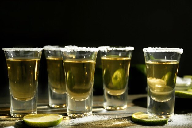 Foto goldene tequila-shots mit kalk und salz auf einem holztisch