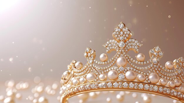 Goldene Tiara mit Perlen und Diamanten auf einem beigen Hintergrund