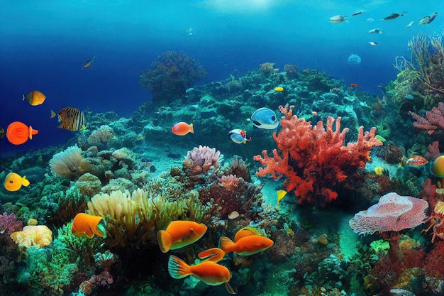 Goldene tropische Fische, die in der Meereslandschaft schwimmen