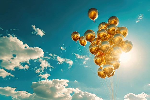 Goldene und durchsichtige Ballons fliegen gegen einen klaren blauen Himmel mit weichen Wolken