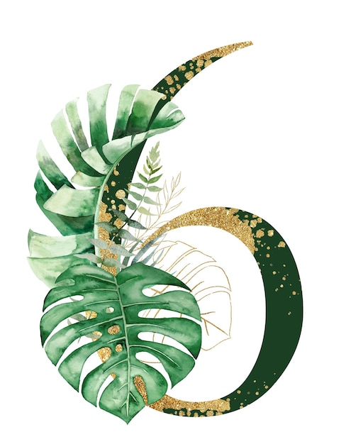 Goldene und grüne Zahl 96, verziert mit grünen und goldenen tropischen Blättern Aquarellillustration isoliert Funkelnde exotische Zahl sechs mit Palmmonstera und Bananenblättern Hochzeits-Briefpapier-Element