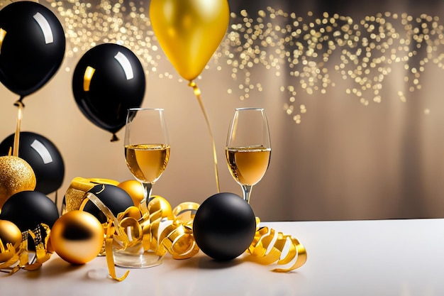 goldene und schwarze Ballons Streamer und Gläser Champagner in einer Atmosphäre, um das neue Jahr willkommen zu heißen