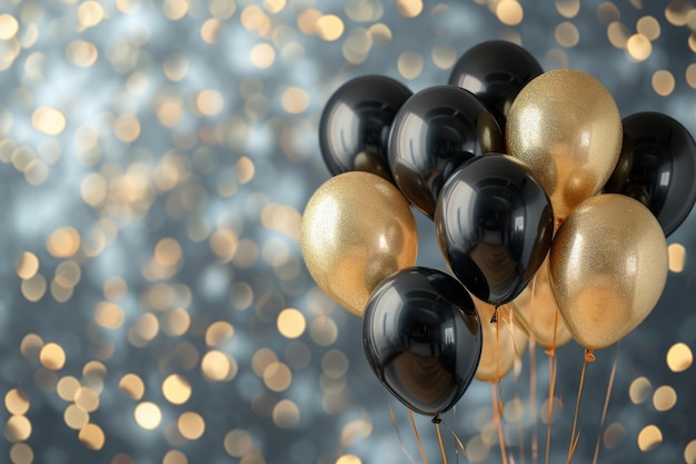 Foto goldene und schwarze ballons vor einem abstrakten hintergrund