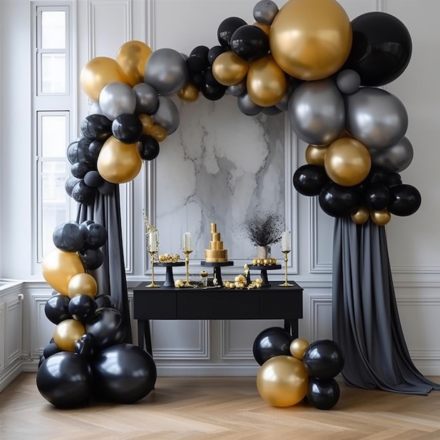 Goldene und schwarze Luftballons mit Dekoration zum Feiern im Hintergrund