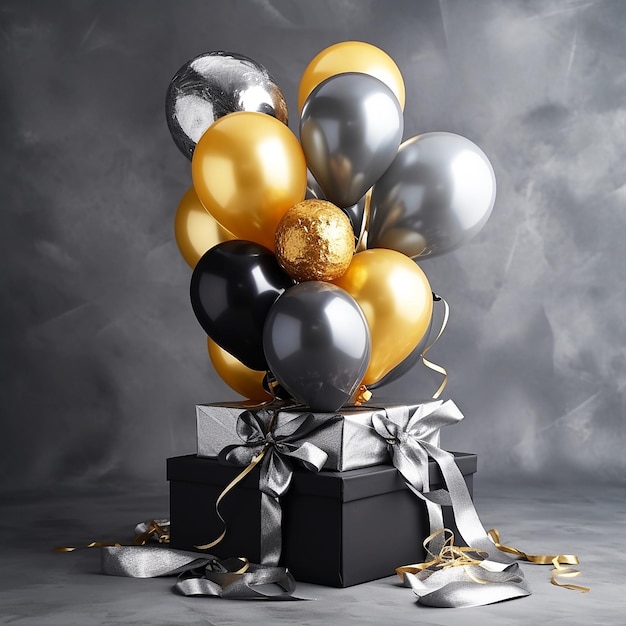 Goldene und schwarze Luftballons mit GIF-Box