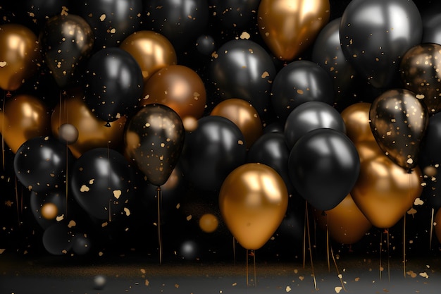 Goldene und schwarze Luftballons mit Konfetti-Bokeh-Partikeln. Feier mit Luftballons im Hintergrund