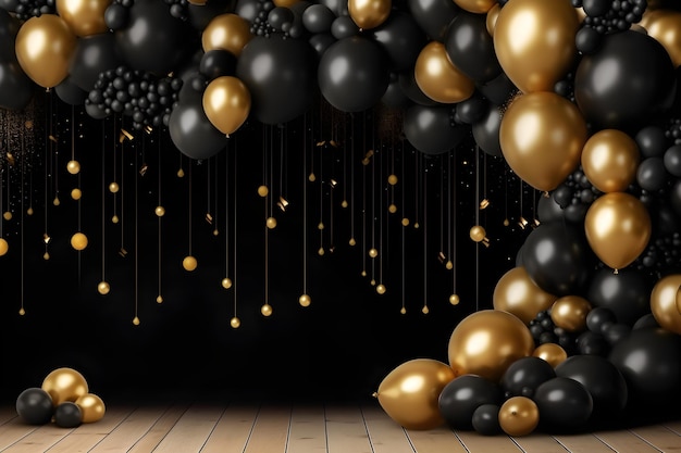 Goldene und schwarze Luftballons mit Konfetti-Bokeh-Partikeln. Feier mit Luftballons im Hintergrund