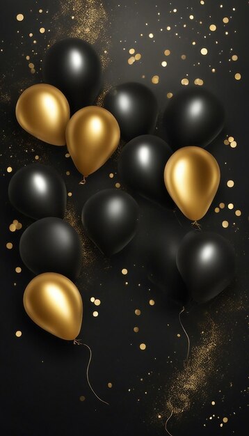 Goldene und schwarze Luftballons mit Partikel-Banner-Vorlage